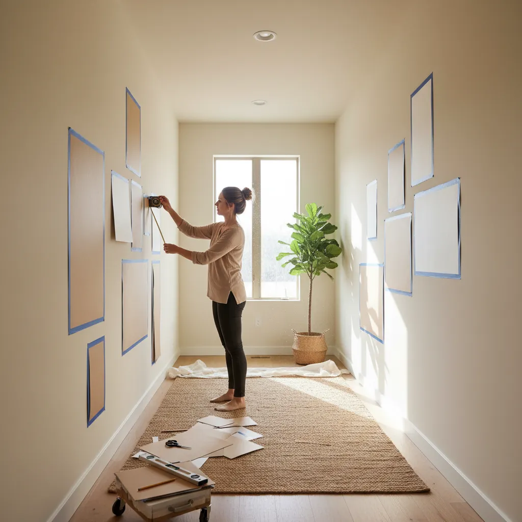 Woman measuring a wall with paper templates for a gallery layout in a bright hallway