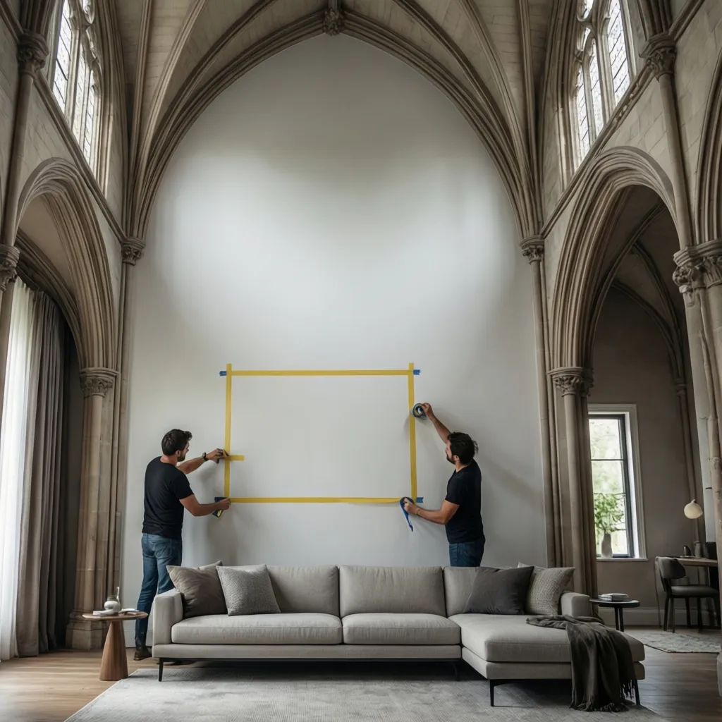 Designer planning artwork placement on tall living room wall