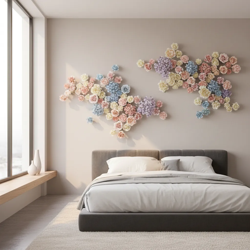 Artificial flowers arranged on a wall for decorative planning