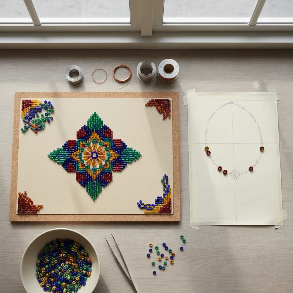 Planning layout for bead decorations on a design board before assembly
