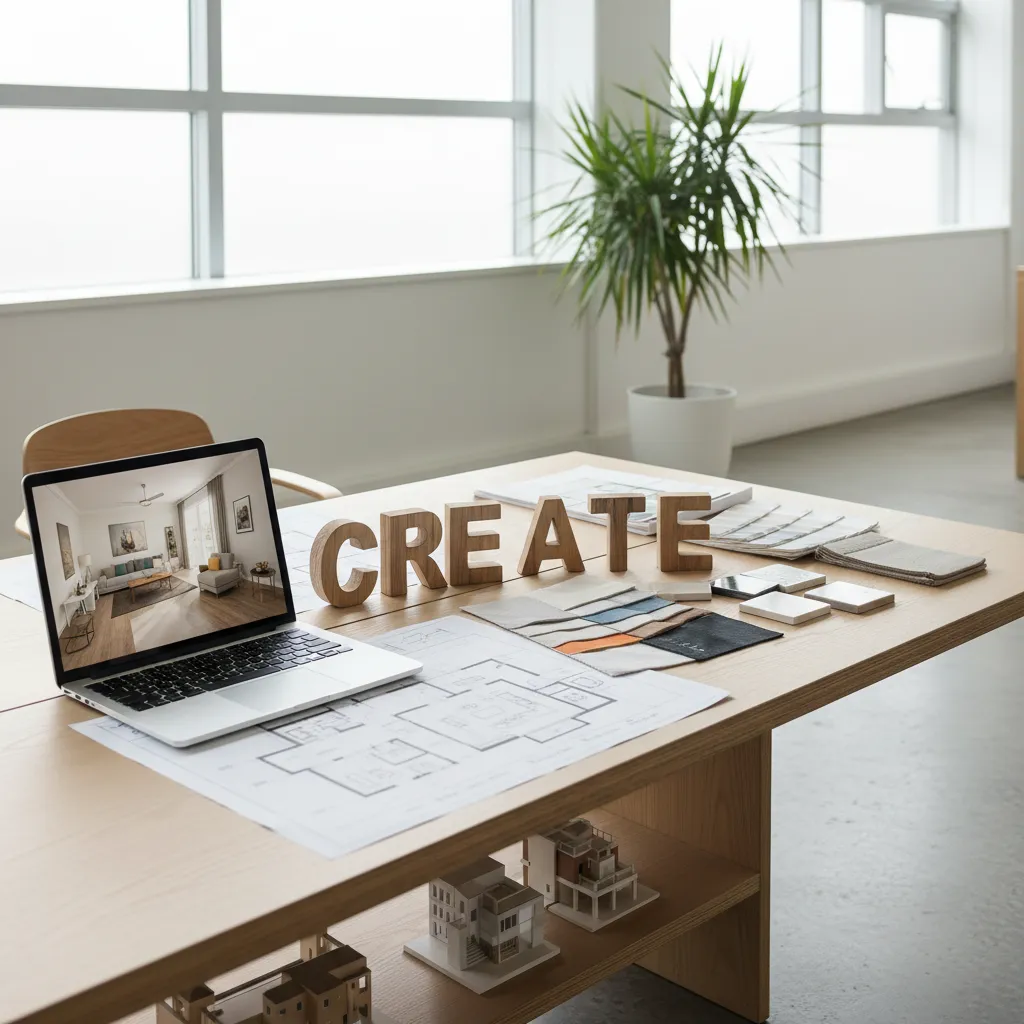 Designer planning wooden letter placement within a room layout