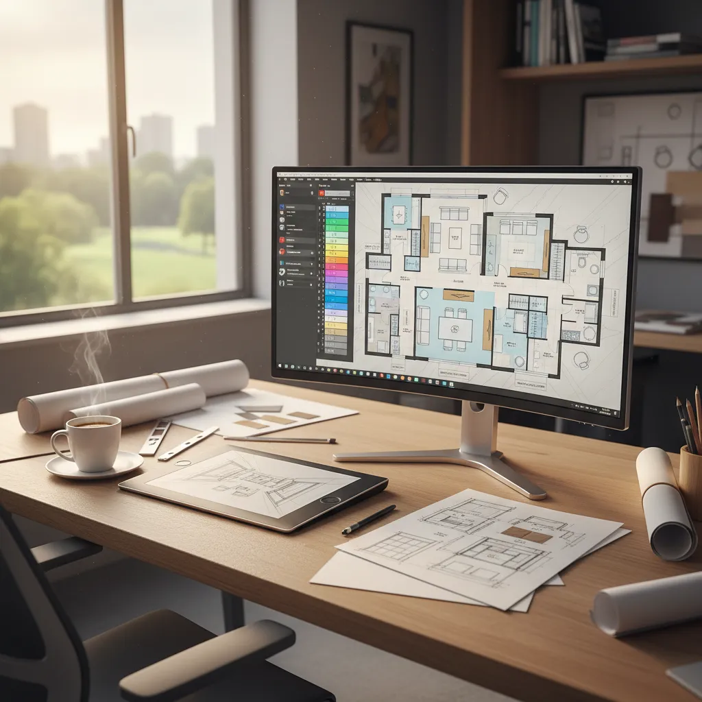 designer reviewing digital home floor plan for dual master suite layout