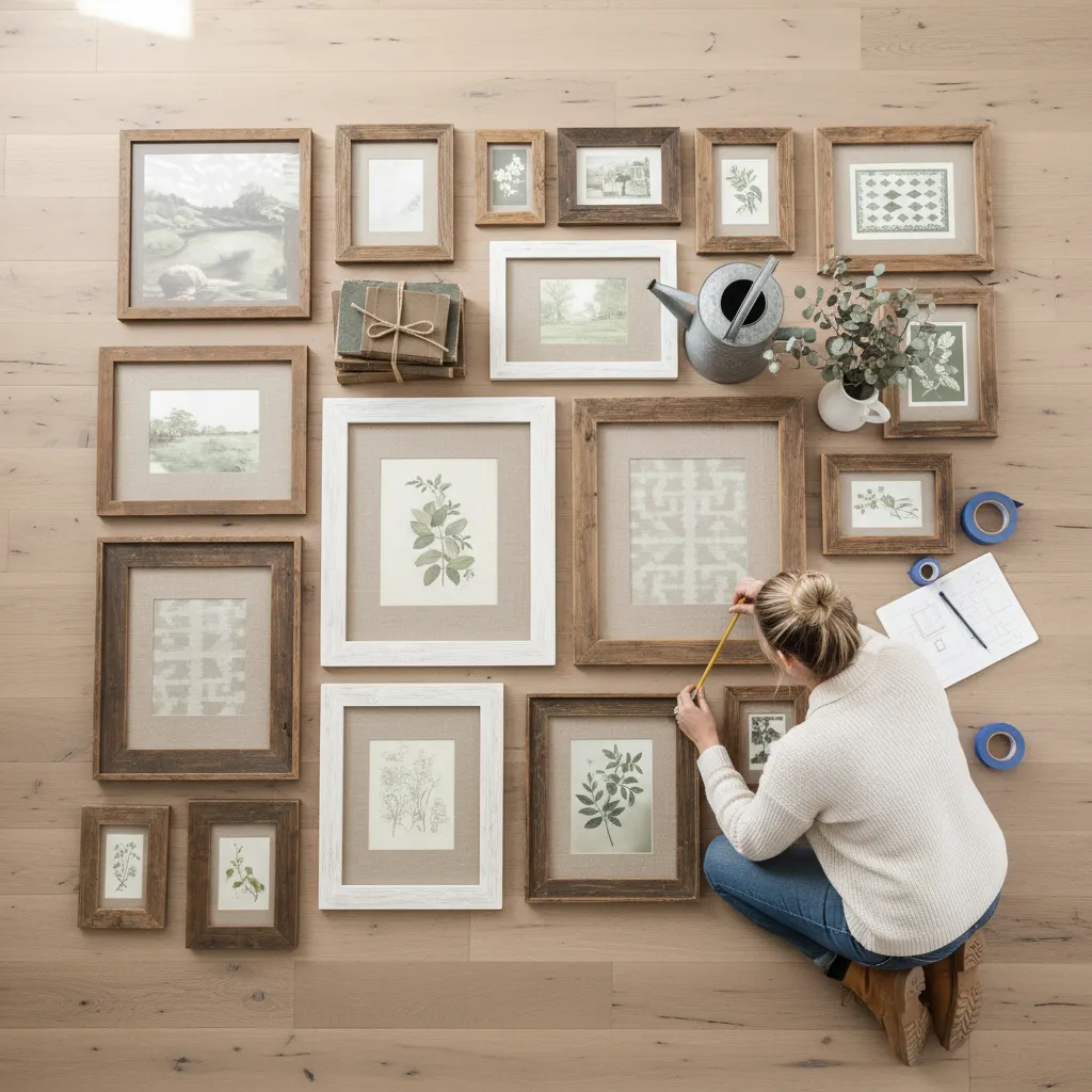 Designer planning farmhouse gallery wall layout using floor arrangement of frames