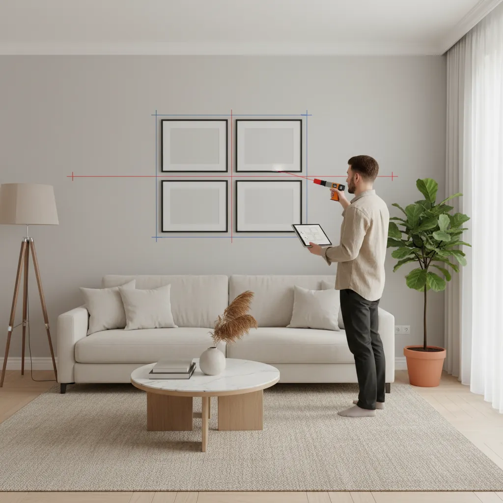 Interior designer planning four frame wall layout above sofa using spacing guides