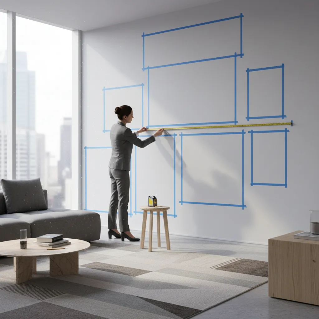 designer planning gallery wall layout using tape markings on a wall
