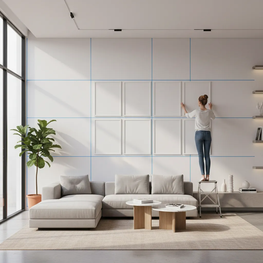 Designer planning a gallery wall layout with identical picture frames on a living room wall