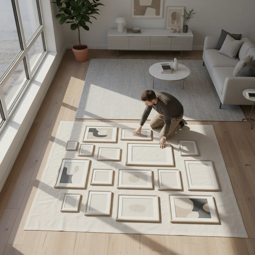 Designer planning gallery wall layout with frames arranged on the floor before installation