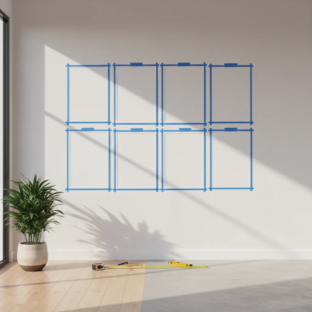 paper templates taped on wall planning eight frame gallery wall spacing