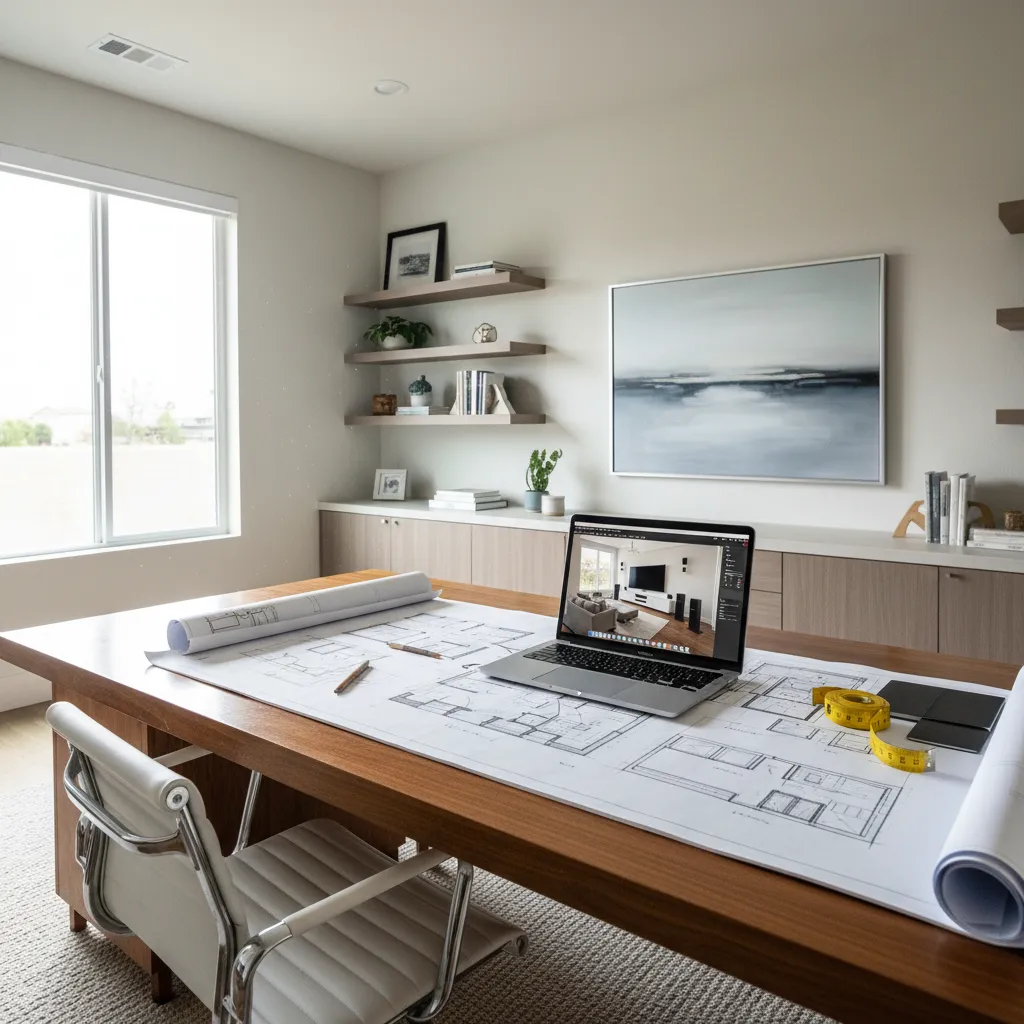 Designer planning a guilty pleasure room layout with floor plan and furniture arrangement