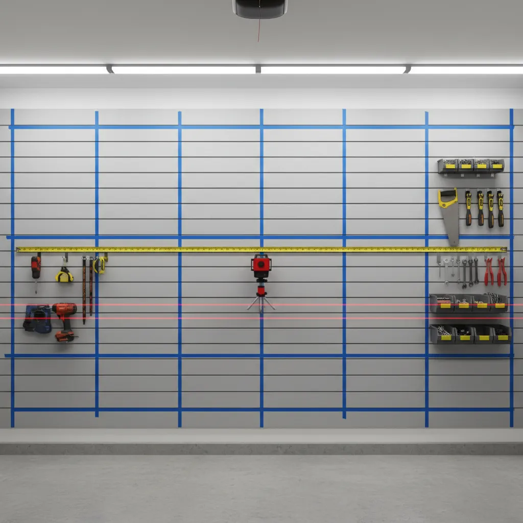 planning gun wall layout with measuring tape laser level and tape markers