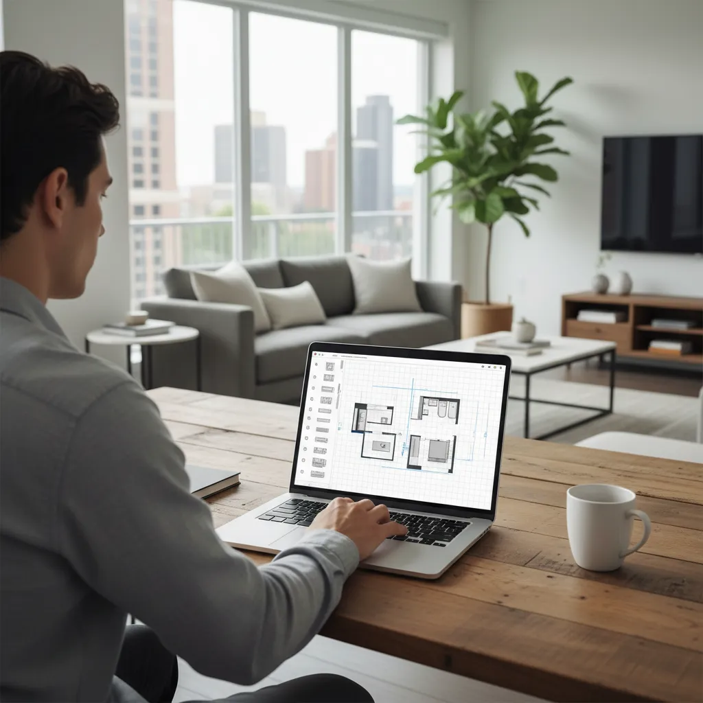 Person planning room layout using an online floor plan tool on a computer