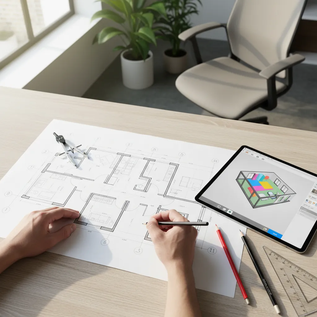 Designer sketching a home floor plan before creating the digital model