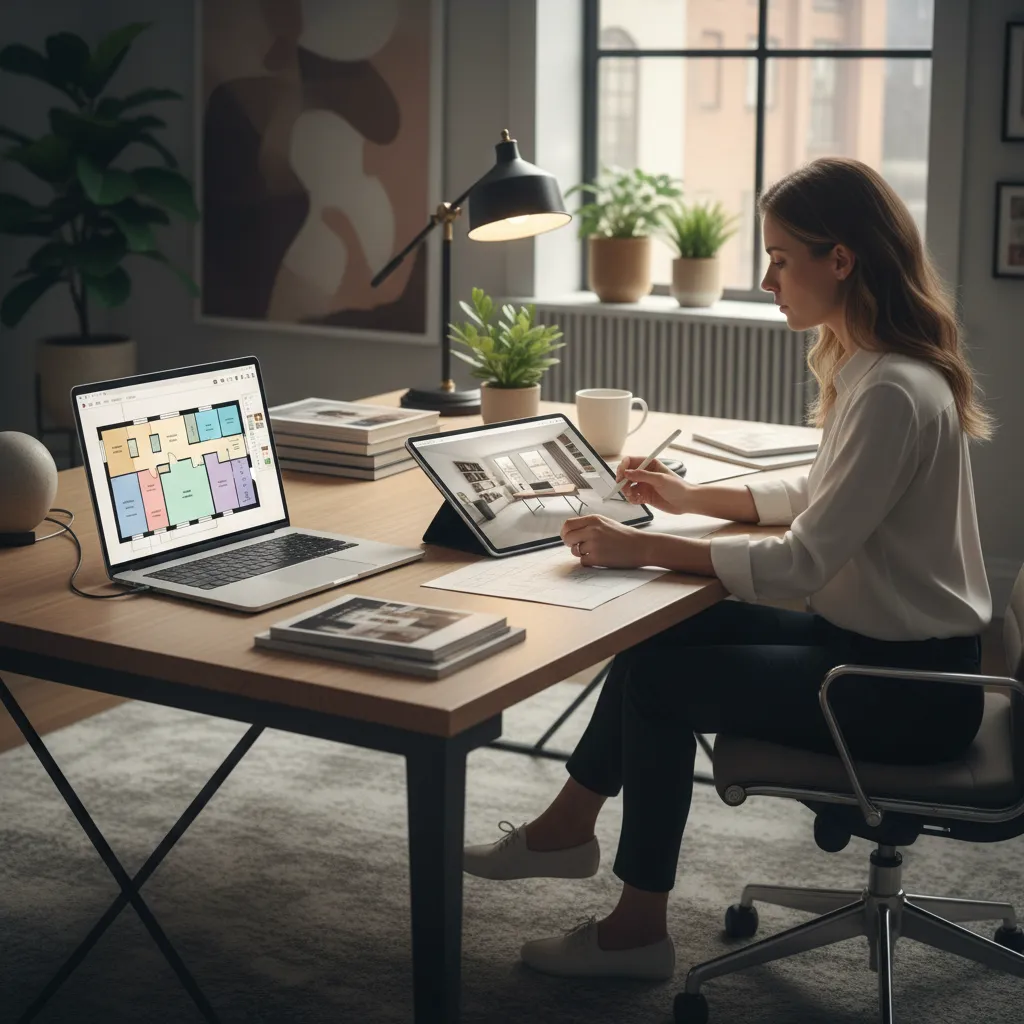 Woman sitting at a desk using a laptop and tablet for a home office layout