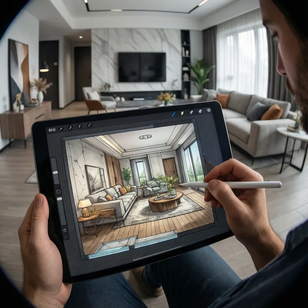 Person using a digital pen to draw a living room interior design drawing on a tablet