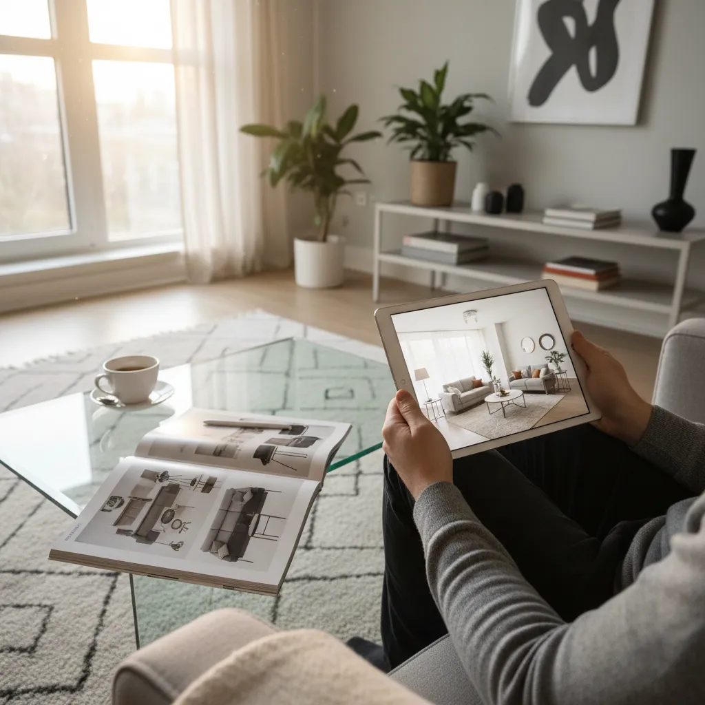 Persona revisando un diseño digital de salón antes de comprar muebles