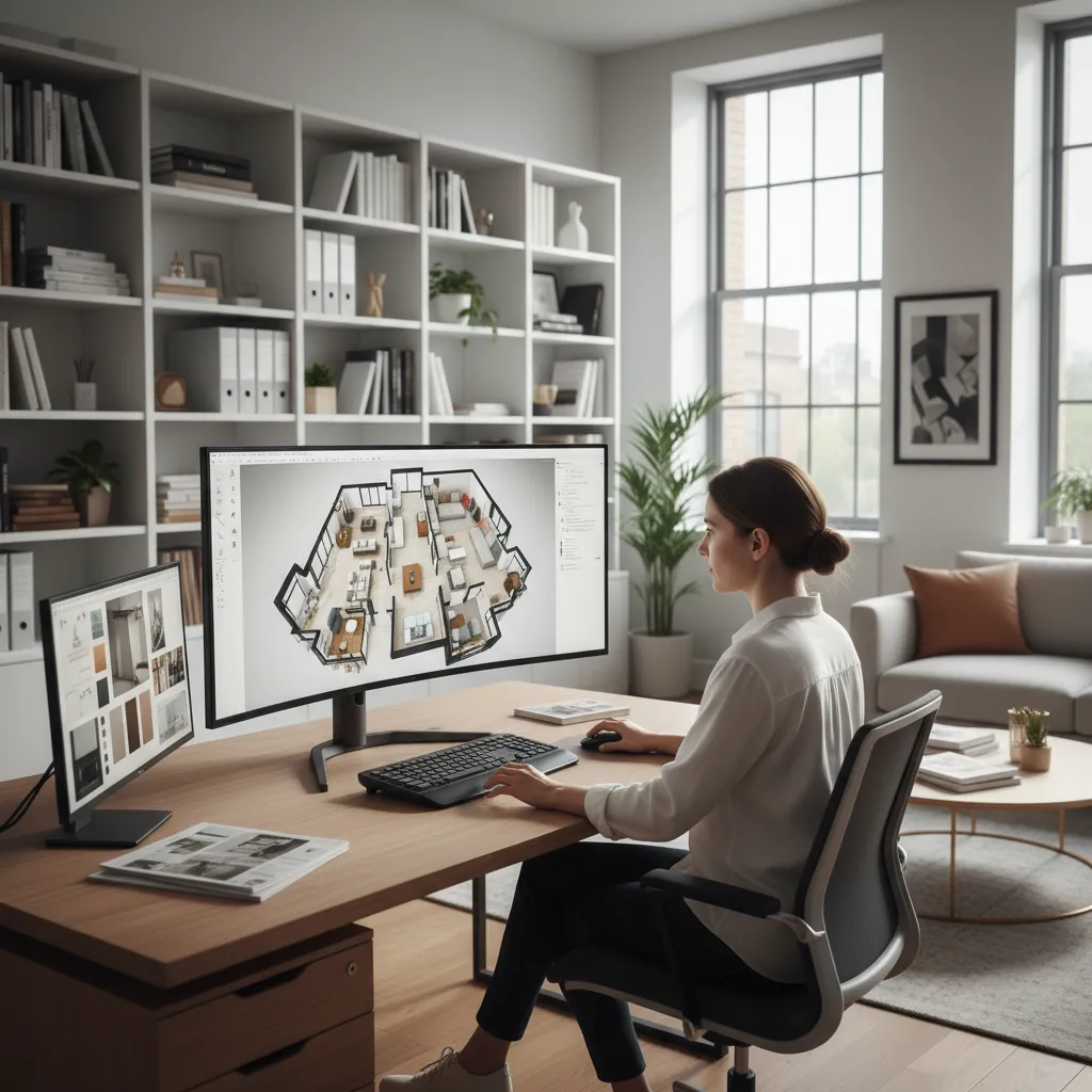 Diseñador revisando planos y visualización de interior en ordenador