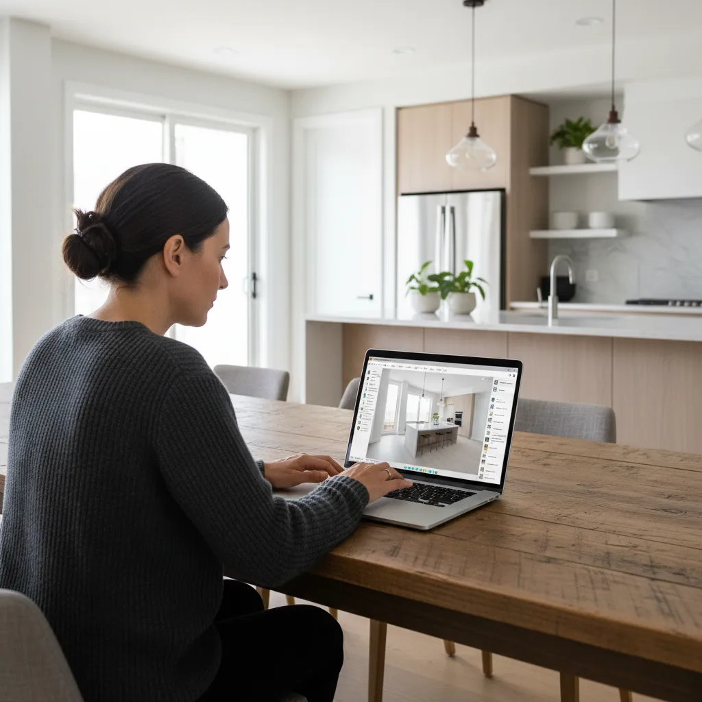 Homeowner planning kitchen layout using free kitchen design software on laptop
