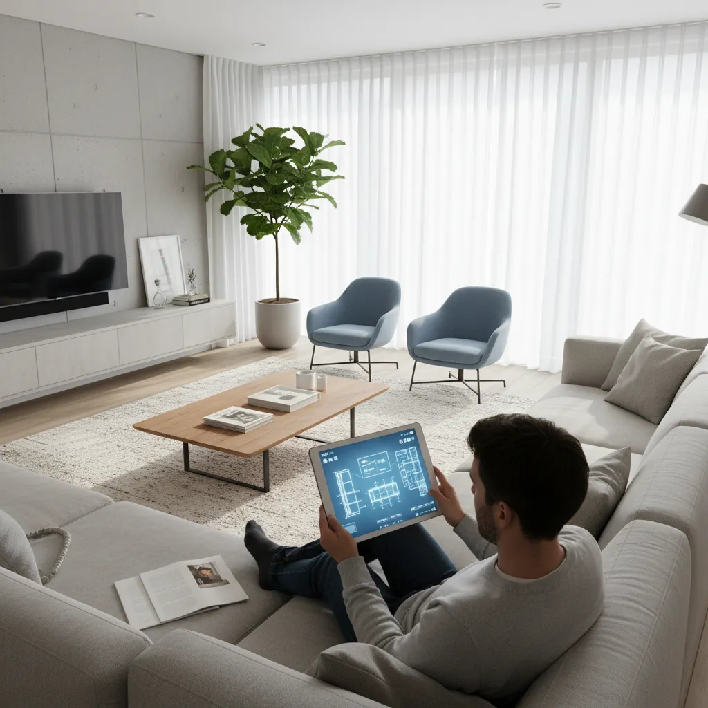 Man sitting on sofa holding tablet showing blue room layout in modern bright living room.