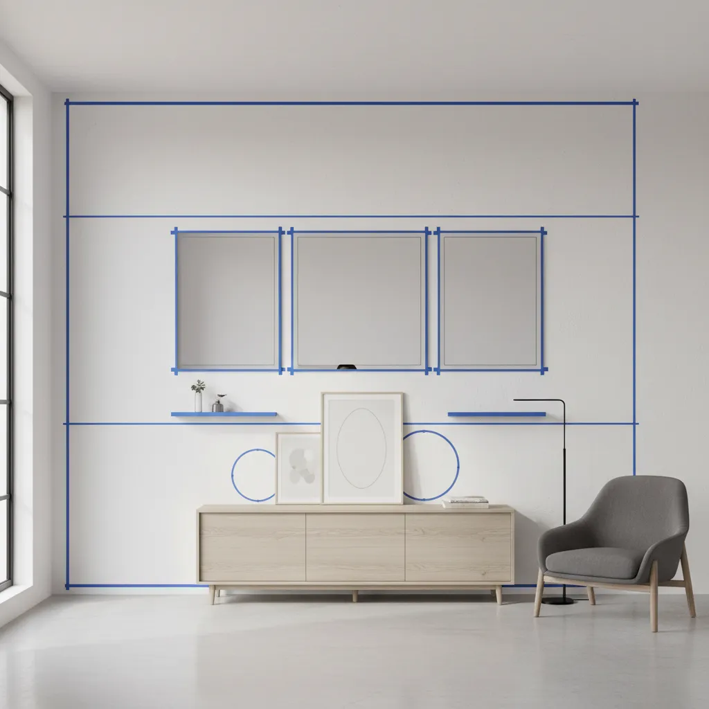 painter tape templates used to plan mirror placement on wall