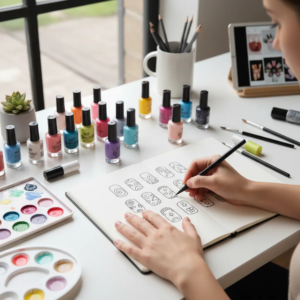 Person sketching nail art designs in a notebook surrounded by many colorful bottles of polish