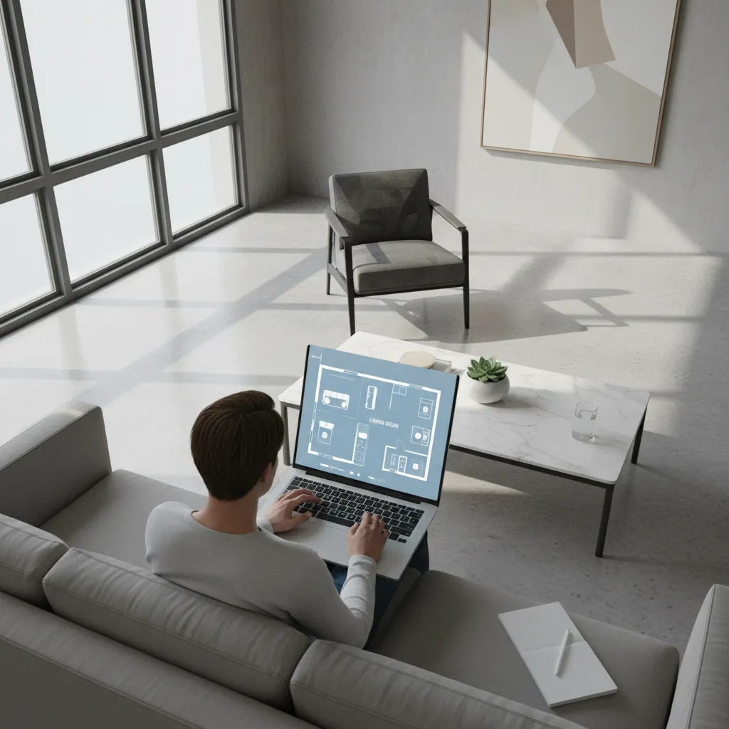 Person planning new apartment layout with digital floor plan before moving