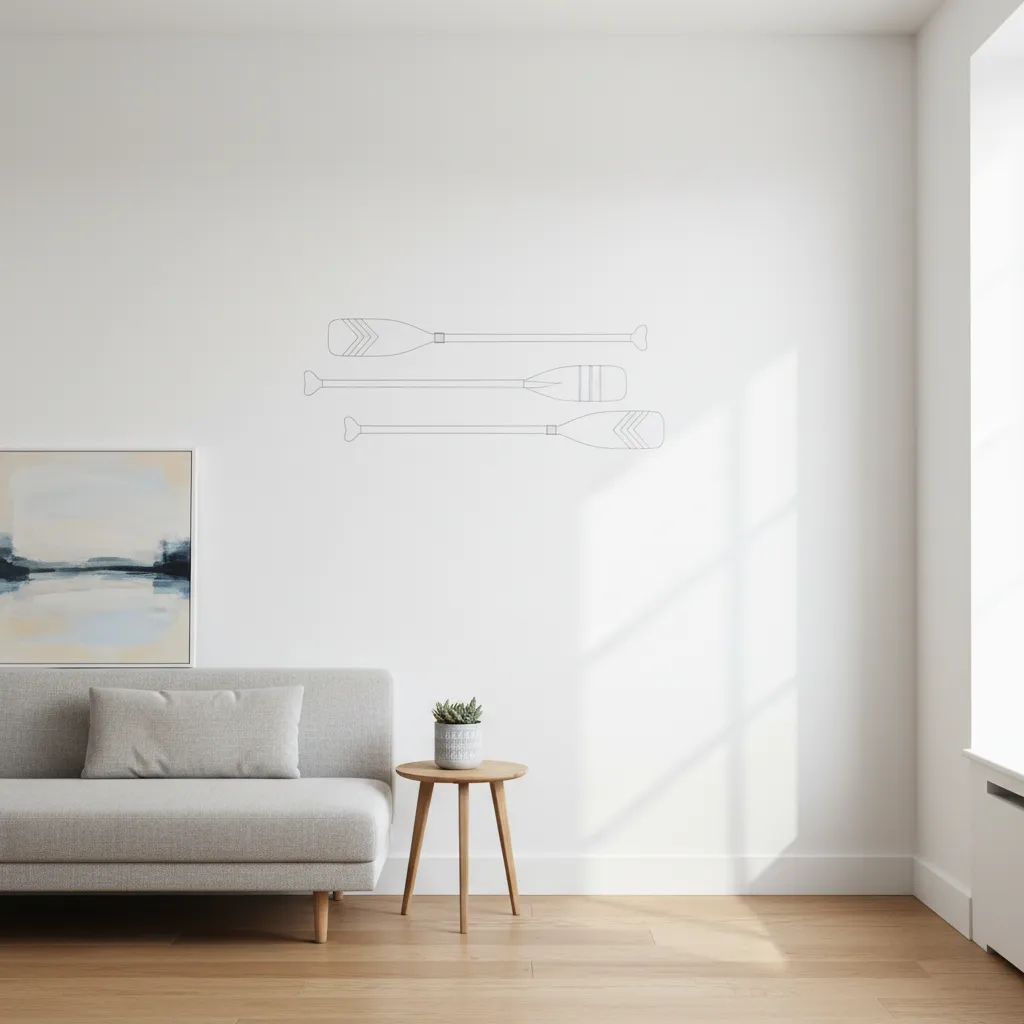 Painter tape marking placement for decorative oars on apartment wall