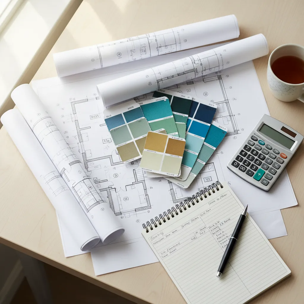 home renovation planning with floor plan sketches paint samples and calculator