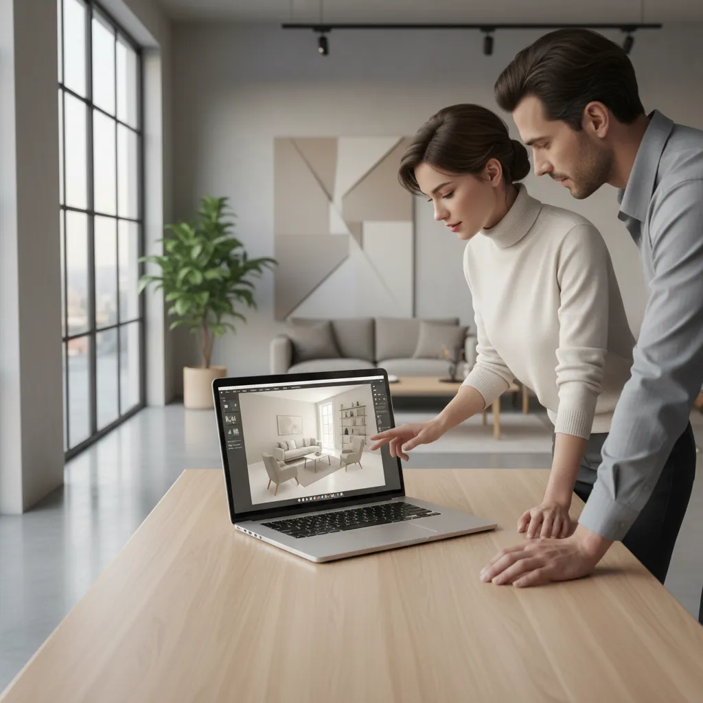 Interior designer planning room layout with modern decor pieces