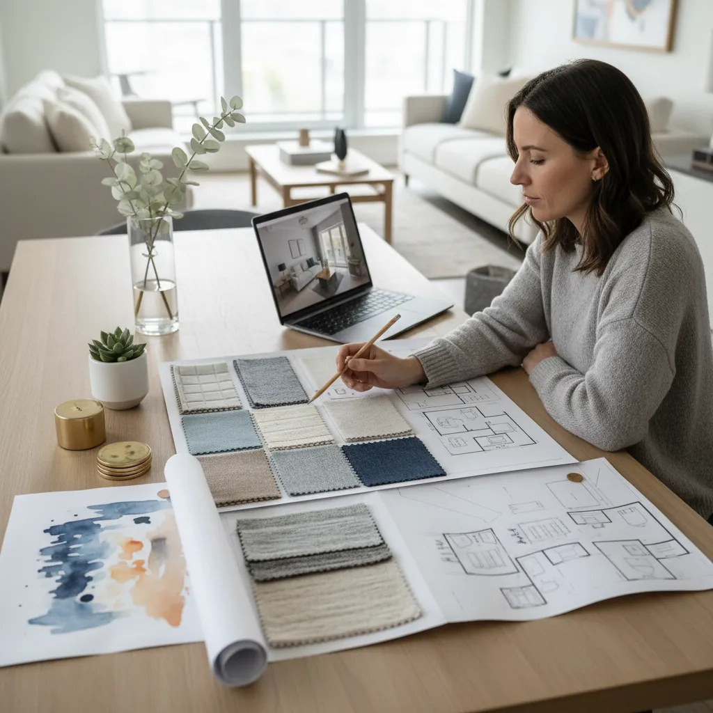 Homeowner planning room layout with decor pieces on a table and interior design sketches