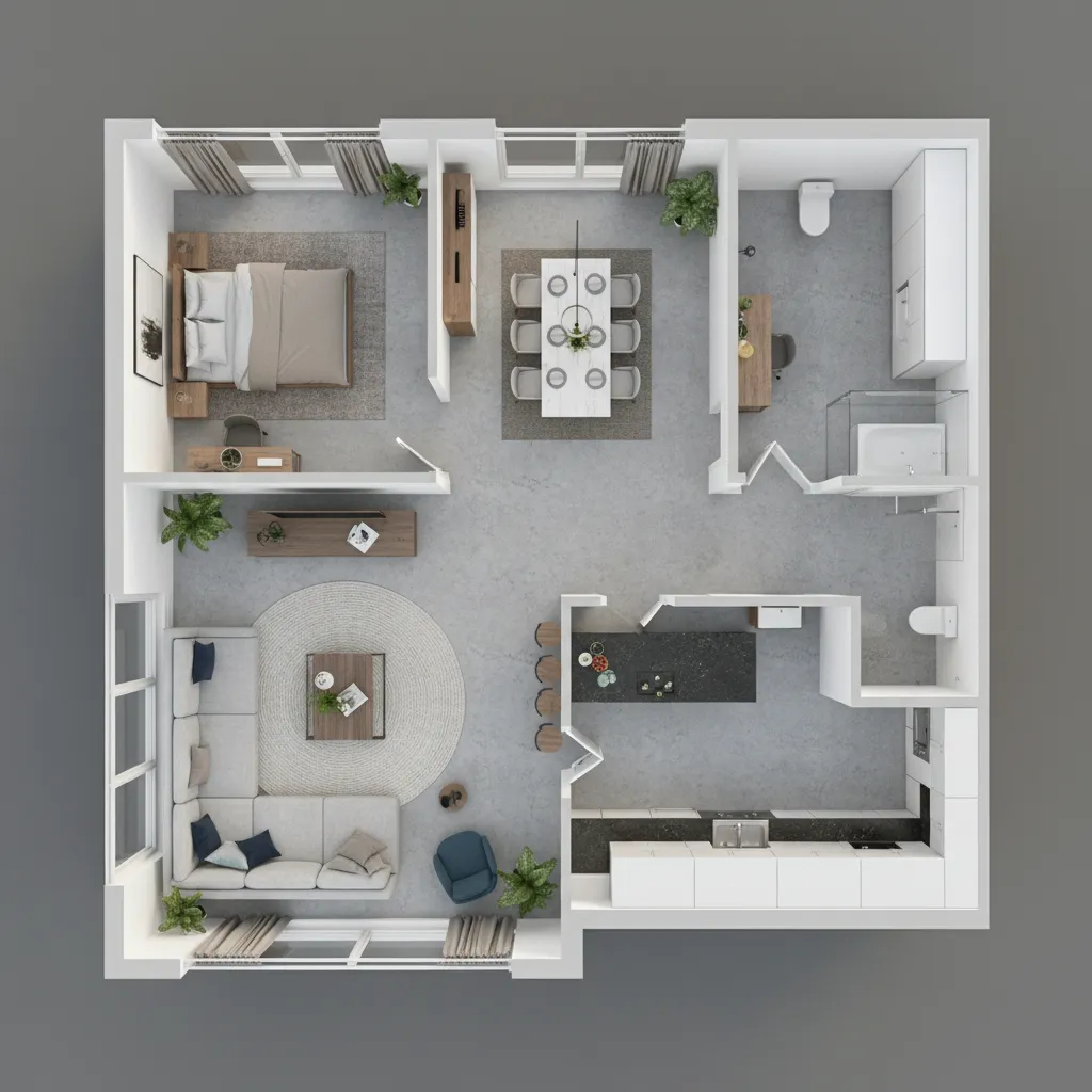 Modern 3D interior design drawing of apartment room layout with bedroom living area and kitchen