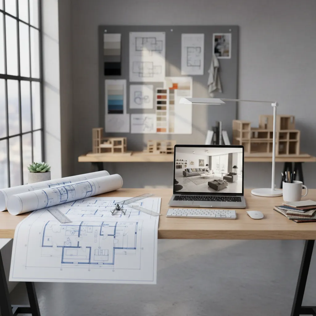 Interior designer planning furniture layout with floor plan and laptop