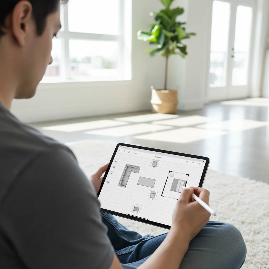 Persona organizando muebles en un plano digital desde tablet