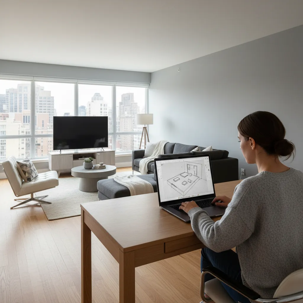 person planning living room layout using home improvement design software