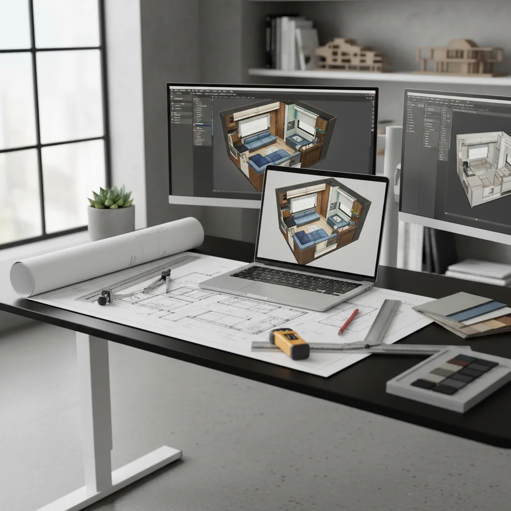 Designer planning RV interior layout with height measurements
