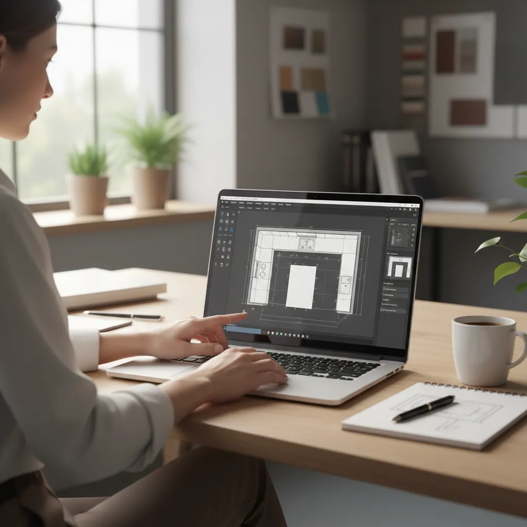 Person using laptop to design kitchen room layout with floor plan on screen at a desk