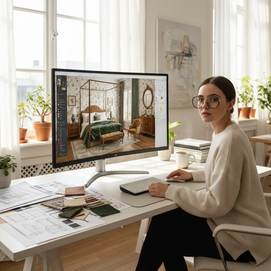 Woman sitting at desk creating an interior design drawing with computer and various fabric samples