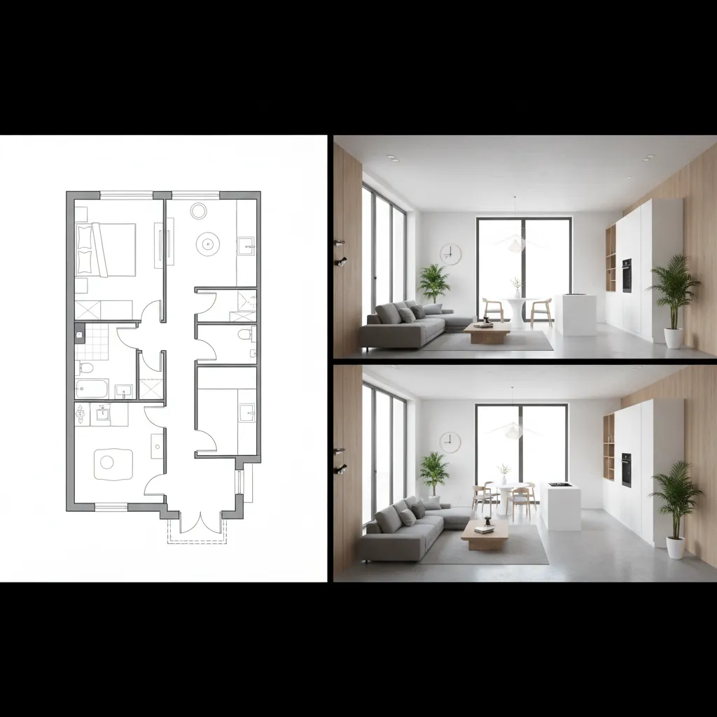 Comparación entre plano 2D y visualización 3D de una casa