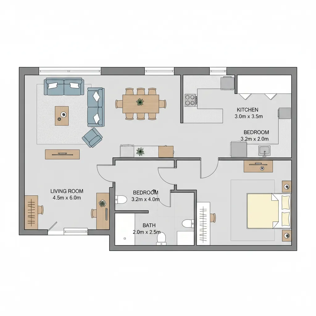 Plano 2D digital de un apartamento con muebles colocados