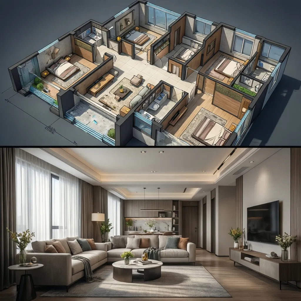 Comparación entre plano 2D y visualización 3D de un interior