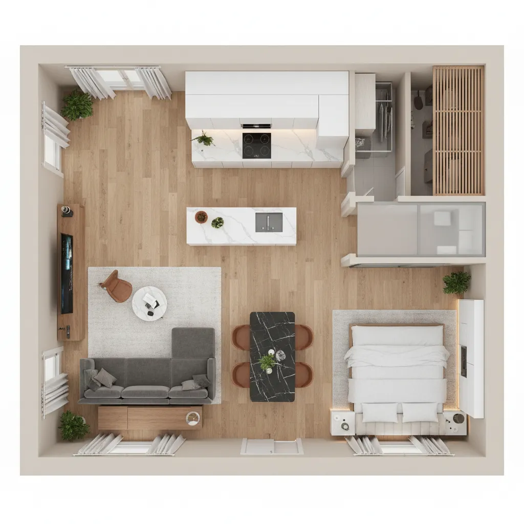 Plano 3D de un apartamento con salón, cocina y dormitorio