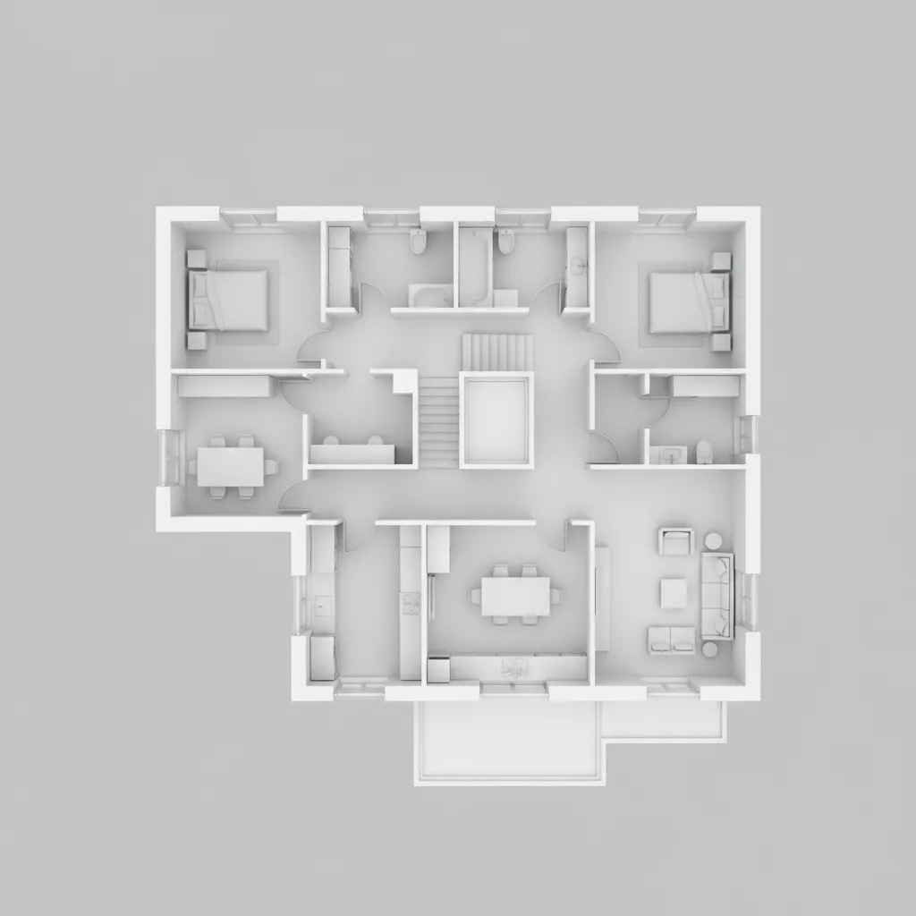 Plano 3D de distribución para una casa adosada de dos plantas