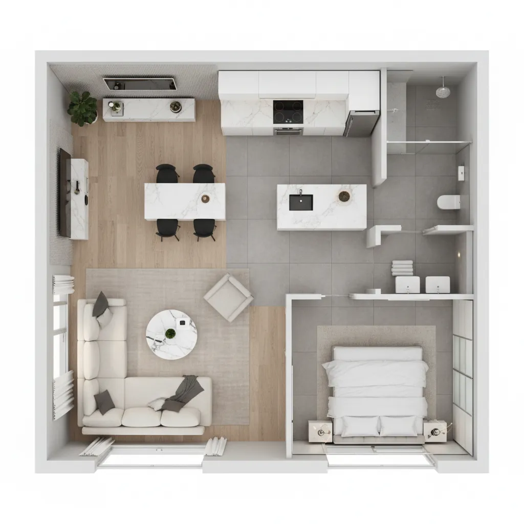 3D room layout showing a modern one bedroom apartment with a living room and kitchen