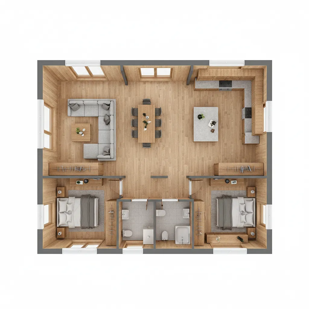 Plano 3D de distribución interior de una casa de madera