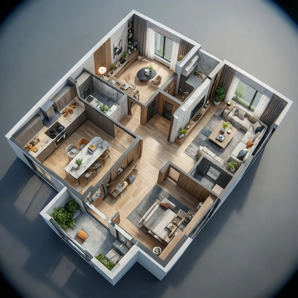 Visualización 3D de la distribución de una casa moderna