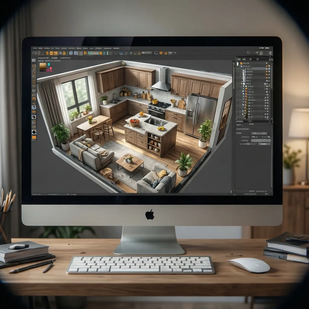Plano 3D de distribución de cocina en pantalla de ordenador
