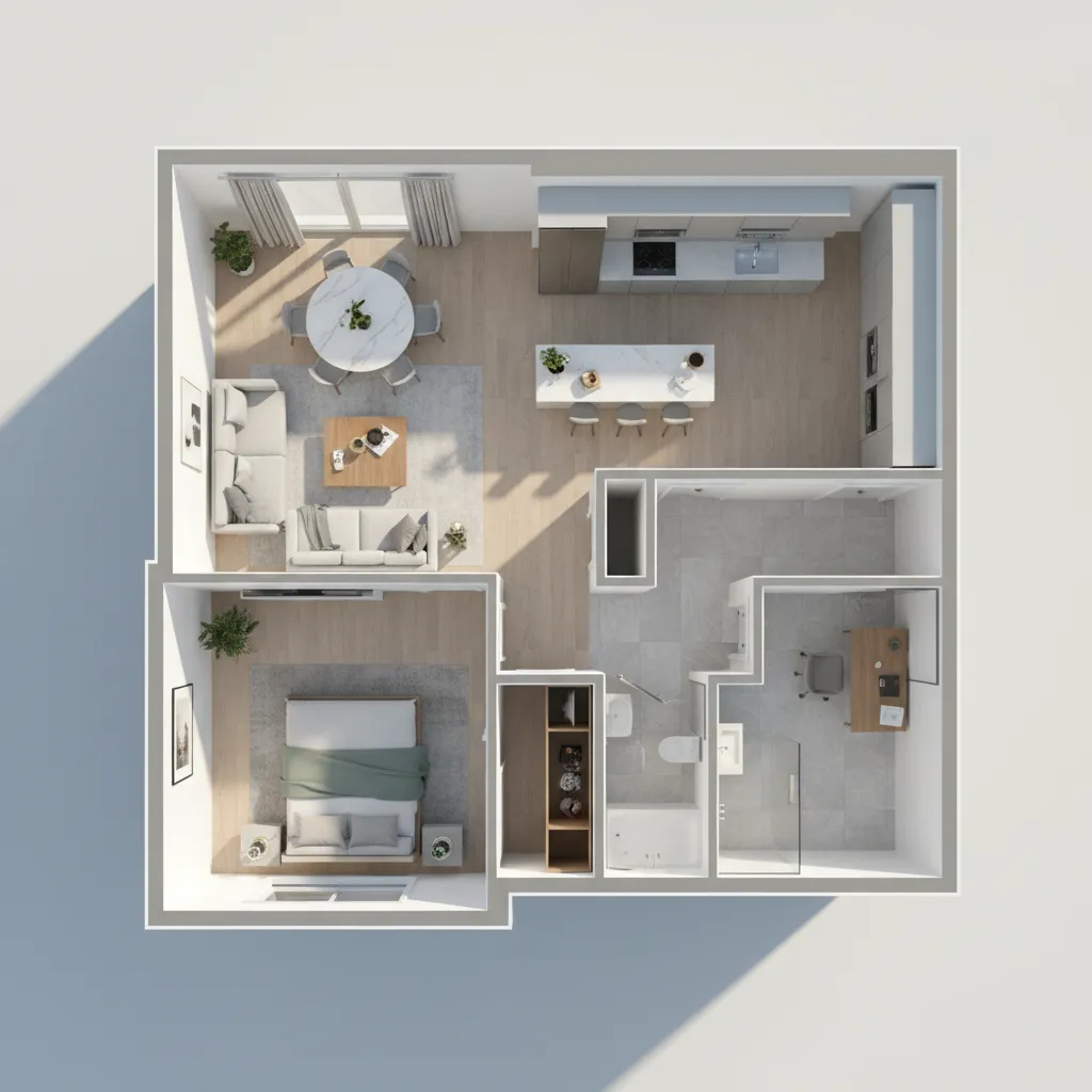 Visualización 3D de un plano de casa con habitaciones amuebladas