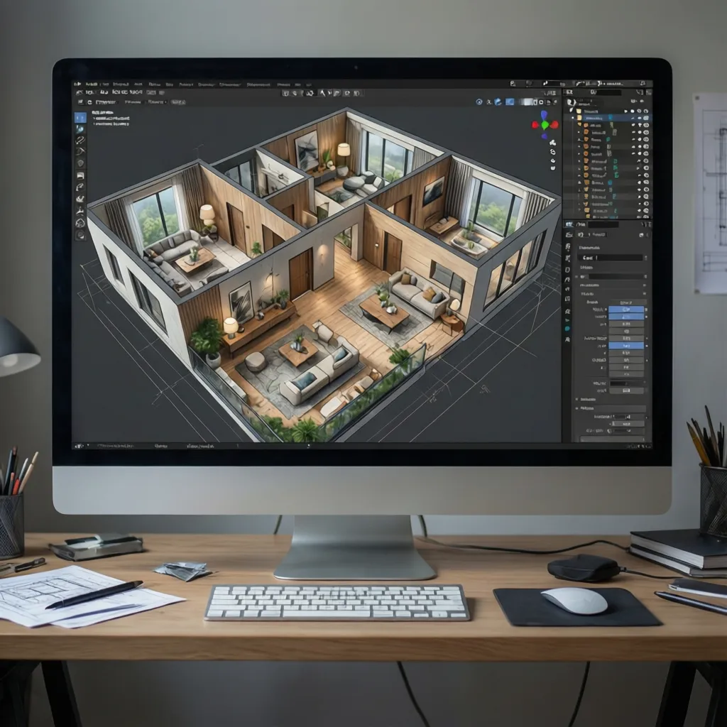 Plano 3D detallado de una vivienda moderna en pantalla de ordenador