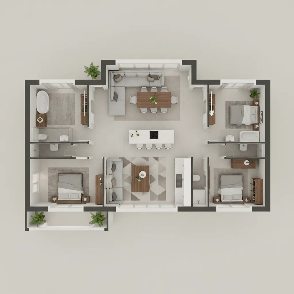 Interior design drawing of a three bedroom apartment room layout with living area and kitchen