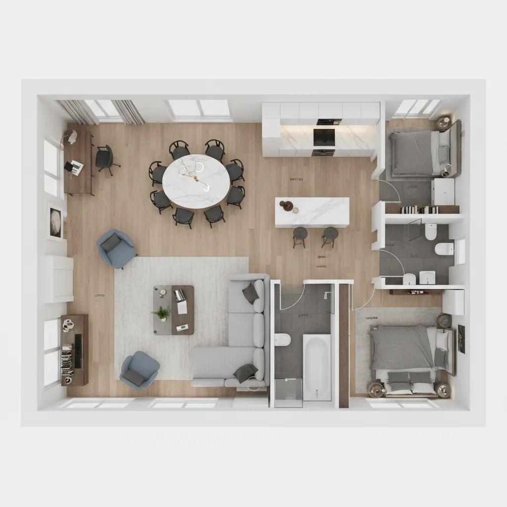 3D room layout design featuring an open kitchen dining area living room and two bedrooms