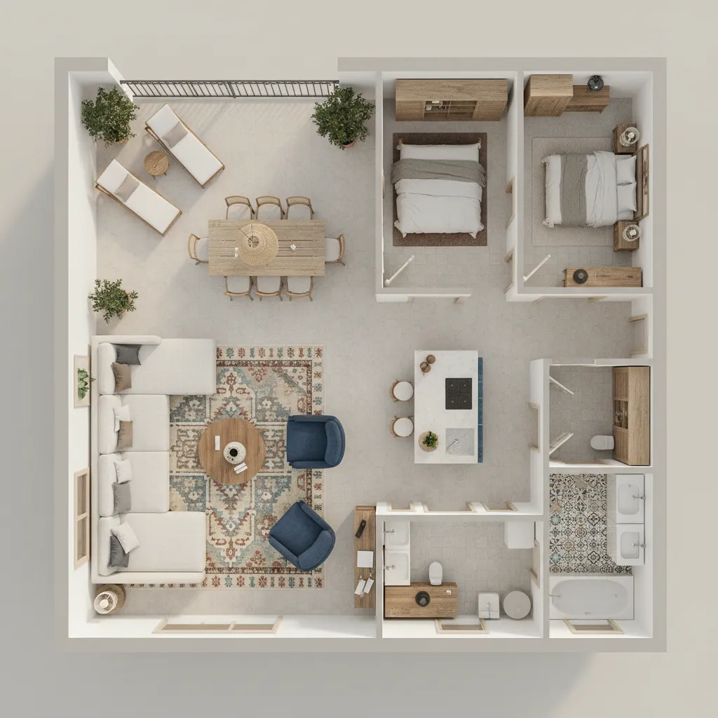 Top down 3D interior design drawing showing living room kitchen two bedrooms bathrooms and balcony